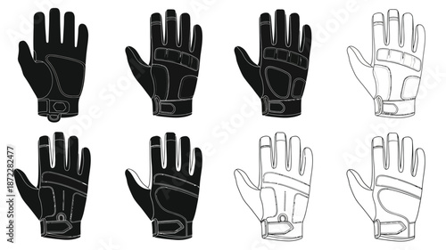 Variety of hand protection black and white glove designs in illustration