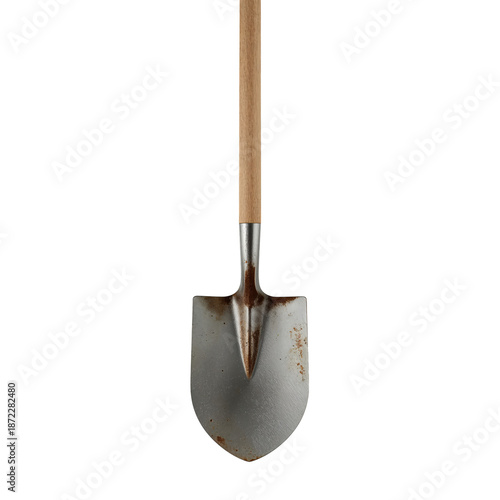 Shovel With Wooden Handle Resting on Concrete Surface in Outdoor Setting Duri...