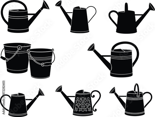 Black silhouette watering can collection, garden irrigation tools vector icons set for landscaping design, plant care guides, nursery branding, farming graphics and home decor
