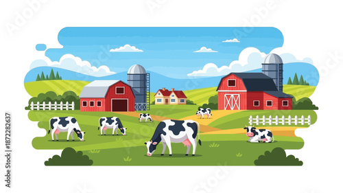 Peaceful countryside scene with barns cows and a bright sunny landscape