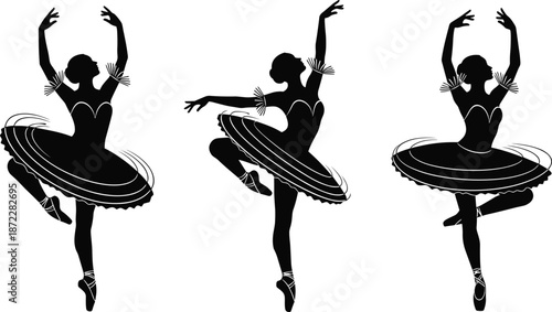 Elegant ballerina dancer silhouette collection, classical ballet poses vector illustration set for theater poster design, dance studio branding, performance artwork and creative projects