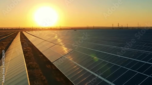 Solar panels at sunset. Fields of photovoltaic cells absorb sunlight. Horizon distant