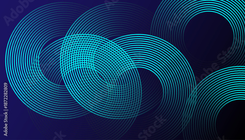 Abstract Teal Circular Line Art Background. Modern Cyan Wave Line Pattern on Dark Background. Futuristic Abstract Curved Line Geometry Background.