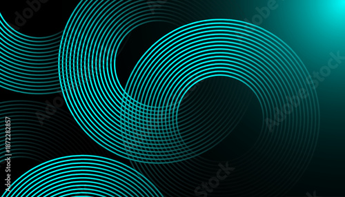 Abstract Teal Circular Line Art Background. Modern Cyan Wave Line Pattern on Dark Background. Futuristic Abstract Curved Line Geometry Background.