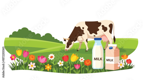 A happy cow grazing in a green field with milk containers nearby