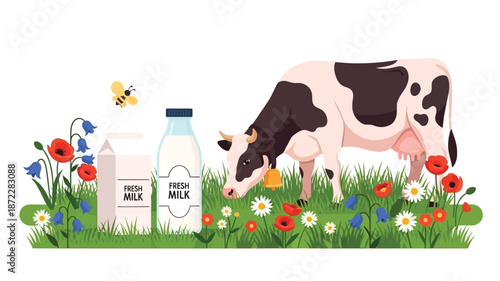A happy cow grazes in a lush meadow with milk and wildflowers