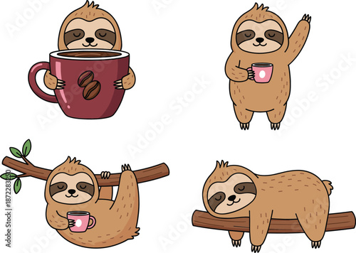 Cute sloth character set drinking coffee hanging resting poses cartoon tropical animal mascot vector illustration