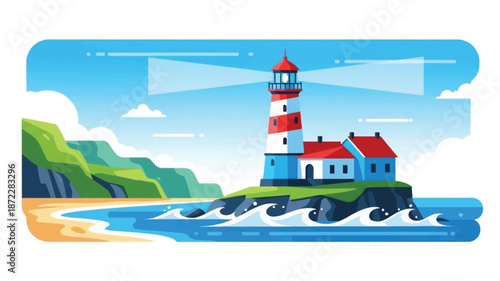 A colorful illustration depicts a lighthouse on a rocky island with ocean waves