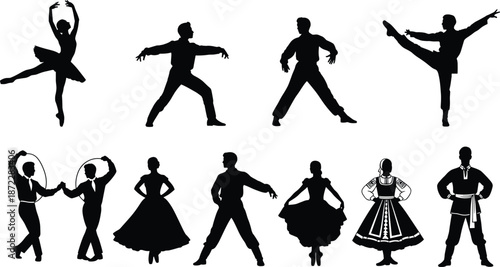 Dance silhouette vector illustration, diverse dancer poses, ballet and ballroom styles, cultural movement art, editable black figures, isolated stock graphic