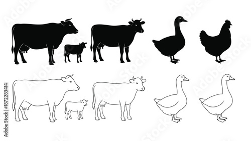 Farm animals in silhouette and outline cows geese and chickens