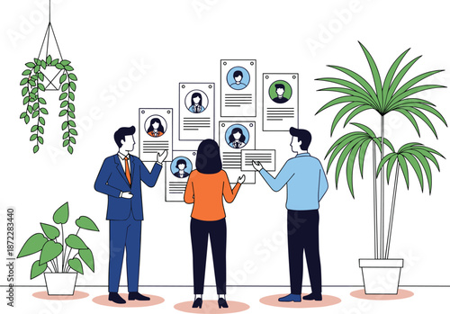 Business HR Recruitment Team Reviewing Candidate Profiles on Office Wall for Hiring Process Job Interview Talent Acquisition and Professional Human Resources Management