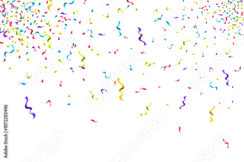 A vibrant cascade of colorful confetti falling against a clean white background