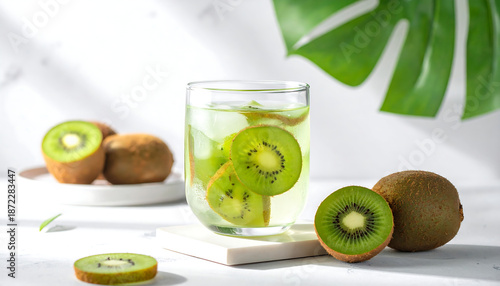 Refreshing kiwi infused water with sliced kiwis on white background