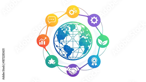 Dynamic visual representation of a global interconnected network connecting innovation, sustainable development, business growth, and strategic partnerships around the world