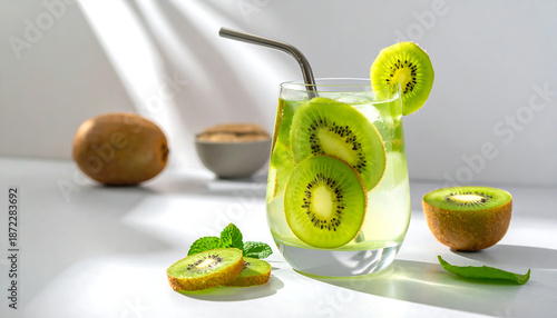 Refreshing kiwi infused water with fresh slices and a straw, perfect for a healthy summer drink