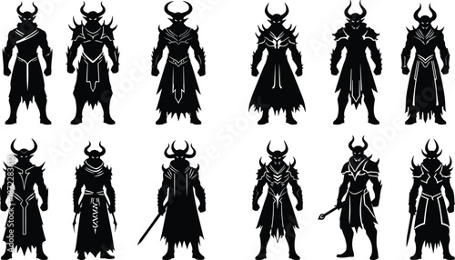 Collection of Armored Dark Warrior Silhouettes with Horned Helmets and Weapons Isolated on White Background for Fantasy Game Character Design