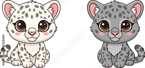 Cute snow leopard cub character pair with sitting poses big eyes cartoon animal mascot vector illustration