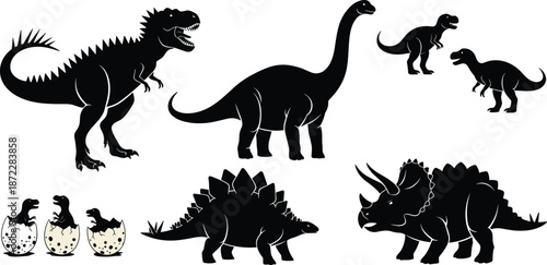 Collection of Black Dinosaur Silhouettes Including Tyrannosaurus Rex Triceratops and Brachiosaurus Isolated on White Background for Prehistoric Wildlife Design Concepts