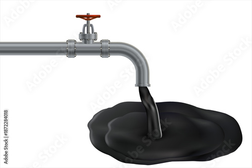 Black liquid oil flows out of an industrial pipe. Realistic stop valve and metal pipe. Oil with a high content of asphaltenes and resins. Vector illustration isolated on white background