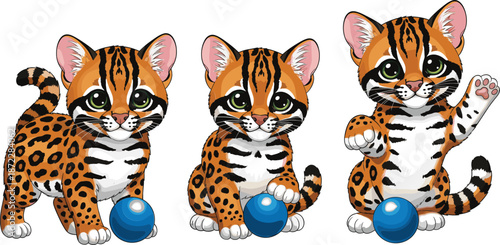 Cute tiger cub character set with playing ball poses big eyes cartoon wild animal mascot vector illustration