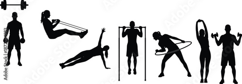 Collection of Fitness Silhouettes Performing Various Exercises Including Weightlifting Pull Ups Stretching and Hula Hoop for Health and Wellness Concepts