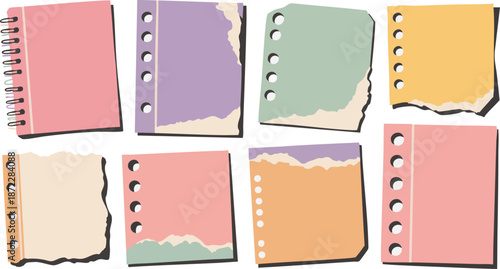 Set of colorful torn notebook paper pieces. Ripped paper strips. Realistic notepad sheets, scraps of notebook page, with torn edges. Vector illustration.