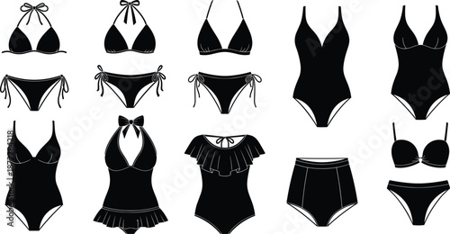 Collection of Women Swimsuit Silhouettes Including One Piece Swimwear and Bikini Sets Isolated on White Background for Fashion Design Vector