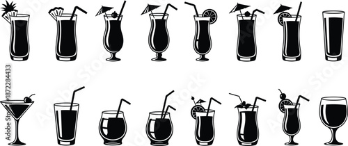 Hand drawn cocktail and juice glass collection in black silhouette style, refreshing summer drink vector set for bar menus, party invitations, and cafe branding designs