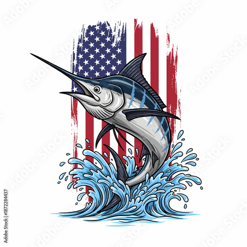Marlin fish jumping with American flag and water splash illustration isolated on white background