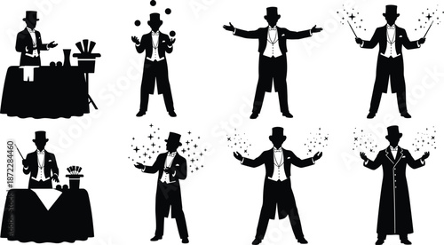 Magician performing stage tricks in classic tuxedo silhouette style, black vector illustration set showing magic show actions for entertainment, circus, and party design projects