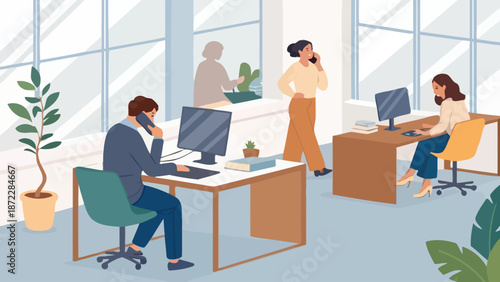 Professionals working diligently in a modern office space