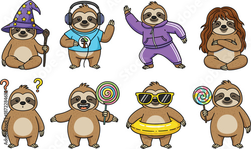 Cute sloth character set with costumes emotions activities cartoon tropical animal mascot vector illustration collection