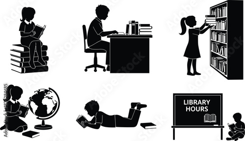 Children reading and studying in library silhouette scenes, education and learning activities black vector illustration set for school, knowledge, and childhood concepts