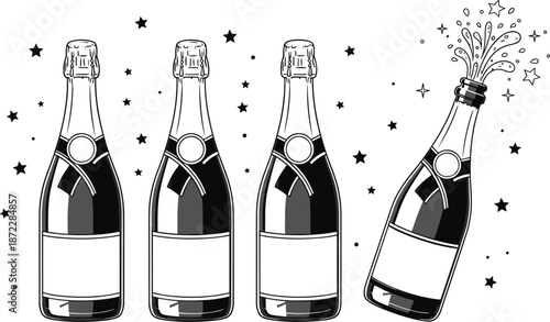 Hand drawn champagne bottle set with popping celebration effect in black and white style, festive sparkling wine vector illustration for party design concepts