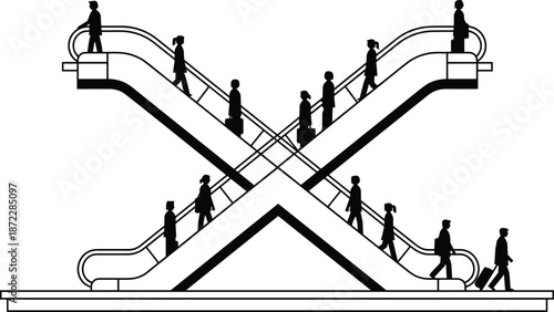 Silhouette people crossing intersecting escalators in modern mall interior, minimal black and white vector illustration symbolizing urban movement and daily commute lifestyle