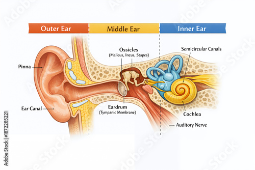 Illustrated Human Ear Anatomy Diagram Showing Outer Middle and Inner Ear with Labeled Parts