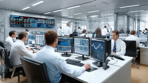 Market Analysis: A team of analysts diligently monitors multiple computer screens displaying complex financial data within a modern office setting, signifying the heartbeat of the market