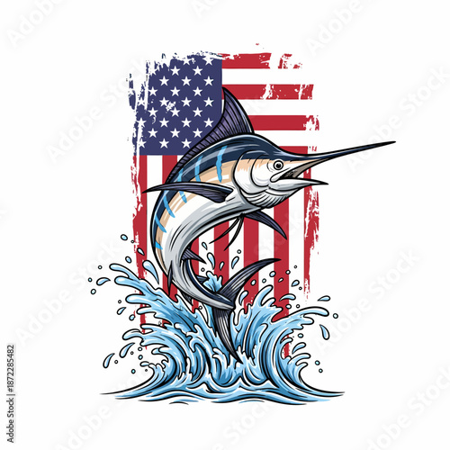 Marlin fish jumping with American flag and water splash illustration isolated on white background