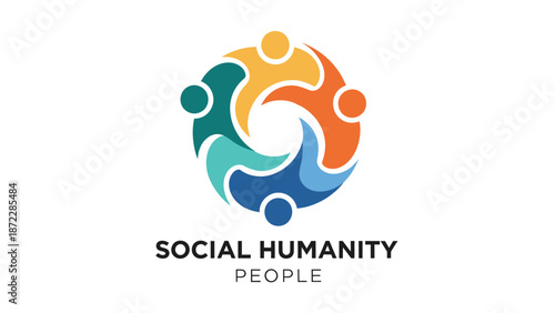 Dynamic circular graphic representing abstract human figures intertwined in a vibrant, flowing embrace, symbolizing diverse community, global connection, teamwork, and social unity