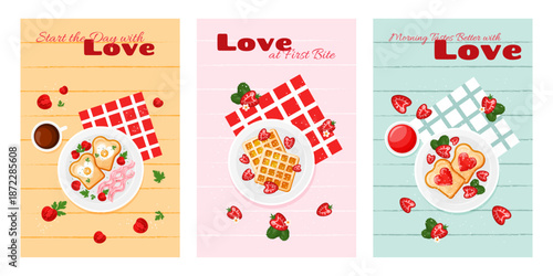 Vibrant poster collection with waffles with breakfast ideas. Lovely backdrops with food. Decorations for Valentines Day, backery, cafe, restaurant. Fruit biscuit waffles, fried eggs, toast, jam.Vector