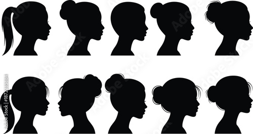 Female profile silhouette collection featuring elegant woman head shapes, ponytails, buns, and stylish feminine hairstyle outlines