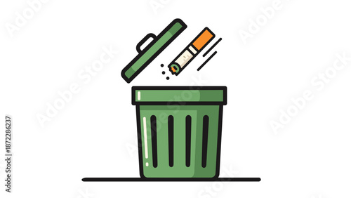 Green trash bin with cigarette being discarded into it  