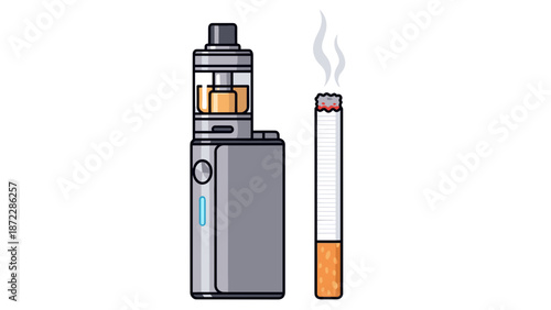 Electronic cigarette and traditional cigarette side by side with smoke  