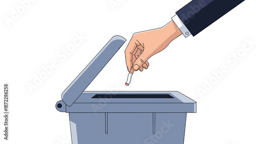 Hand throwing cigarette into gray trash bin in a clean environment  