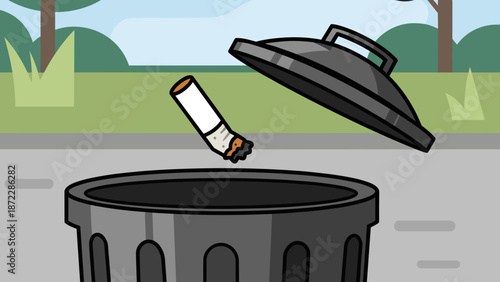 Cartoon cigarette being thrown into trash bin outdoors  