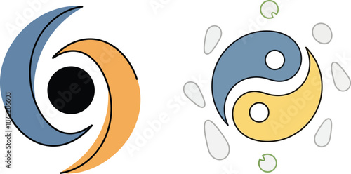 Abstract vector graphics presenting a dynamic swirling vortex alongside a balanced yin yang symbol, ideal for modern design concepts and impactful logos