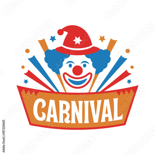 Colorful carnival clown face with hat and banner, vector illustration