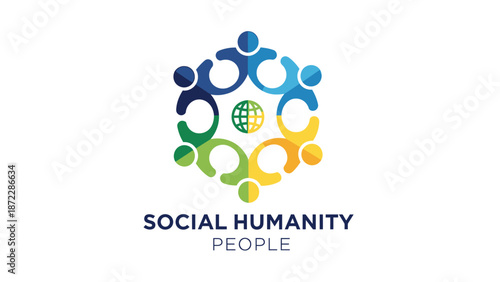 Stylized hexagonal emblem featuring a diverse group of abstract human figures uniting around a central globe, symbolizing global community, social responsibility, and interconnectedness
