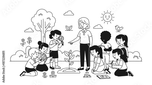 Children and teacher studying plants in the park coloring page.