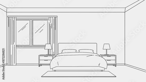 Modern master bedroom interior line art illustration.